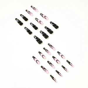 Long coffin press on nails with black star moon patterns and pink flame designs