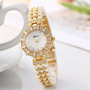 Elegant gold quartz watch with pearl strap and diamond-encrusted dial for women