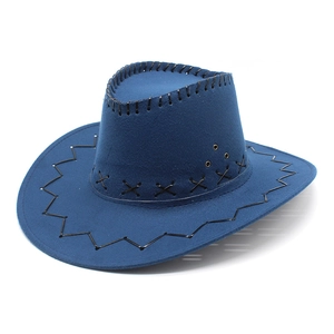 Detail of blue cowboy hat featuring black leather stitching and metal ventilation eyelets
