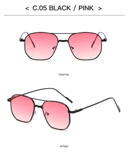 Detail of black metal sunglasses with pink gradient lenses in front and side views
