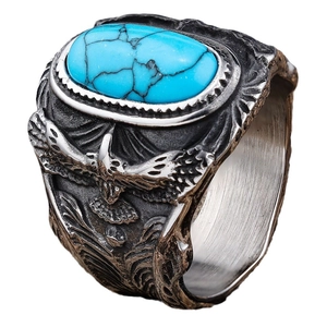 Vintage eagle ring for men with turquoise inlay and antique silver punk style finish