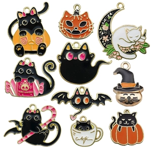 Halloween Enamel Charms Zinc Alloy Pendants DIY Jewelry Making Cartoon Black Cat Pumpkin Bat Ghost Ornament Accessories
