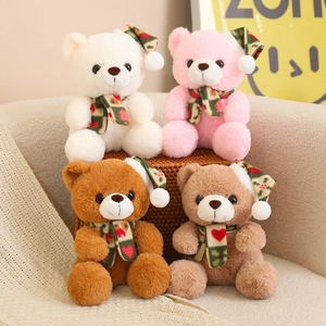 Ours en peluche de Noël avec écharpes et bonnets à carreaux en quatre couleurs assorties