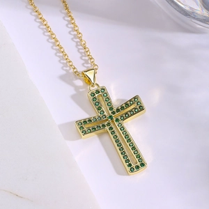 18K gold plated necklace with hollow cross pendant and green zircon pavé stones