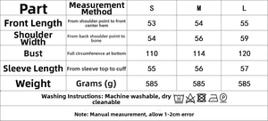 Detailed size chart for women's short puffer jacket with precise measurements and care guides