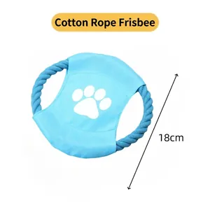 Blue cotton rope frisbee toy for dogs with 18cm diameter and white paw print design