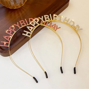 Sparkling crystal Happy Birthday metal headbands in gold and pink for party hair decor