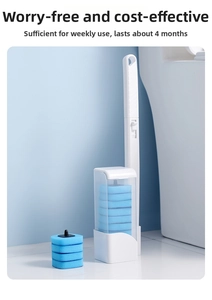 Macro detail of white long-handled toilet brush with blue sponge refills and base