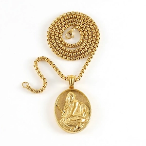 Religious Portrait Relief Pendant Necklace 18K Gold Plated Stainless Steel Vintage Hip Hop Jewelry With Box Chain