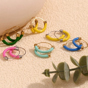 18K gold plated stainless steel hoops with colorful enamel drips in minimalist geometric style