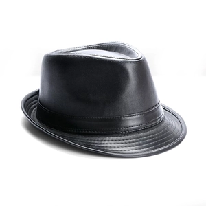 Classic British style black leather fedora hat with premium textured finish for men