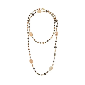14K gold plated long beaded necklace with brown and beige natural stones for women