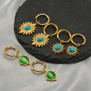 Set of 3 vintage stainless steel earrings with turquoise and green cat-eye stones