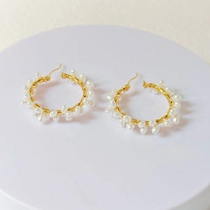 Elegant gold wire wrapped pearl hoop earrings with white irregular pearls for women