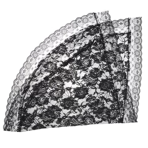 Detailed view of the black floral lace embroidery with delicate rose pattern and scalloped edges