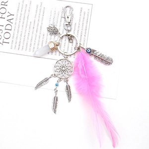 Detail of dreamcatcher keychain with pink feathers, hamsa hand and blue evil eye bead
