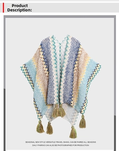 Detail of bohemian knit shawl with colorful zigzag patterns and tassel fringe hemline