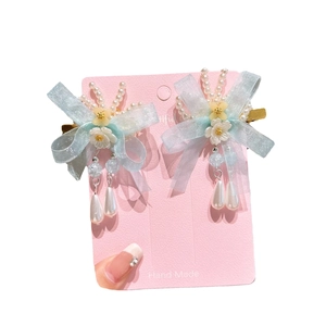 Blue handmade ribbon bow hair clips with white flowers and pearl tassels for girls