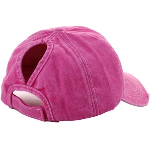 Detail of rose red distressed ponytail baseball cap with adjustable velcro strap closure