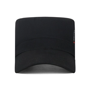 Adjustable black flat top military cap for men with side embroidery detail on white background