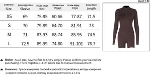 Detailed size chart showing XS to L measurements for long sleeve backless bodysuit