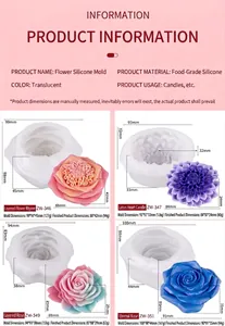 Detail view of four rose-shaped silicone molds for candle making with dimensions