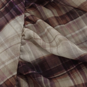 Vintage plaid mesh top for women featuring brown tartan pattern and pleated knit detail