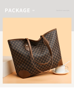 Detailed view of brown tote bag with vintage monogram pattern and high-quality leather texture