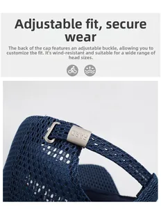 Detail of adjustable metal buckle with engraved letters on breathable mesh cap