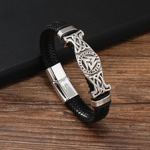 Men Braided Leather Bracelet With Valknut Viking Runes Alloy Metal Magnetic Clasp Punk Vintage Jewelry Wristband