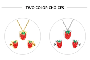 Detail view of strawberry jewelry set featuring red enamel pendants in gold and silver finish