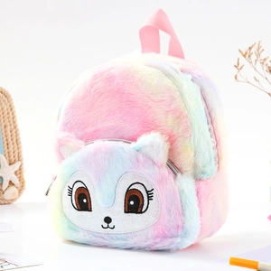 Rainbow gradient plush unicorn backpack for girls with cute cartoon embroidery and soft fur