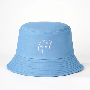 Sky blue cotton bucket hat featuring CHILD OF God embroidery for outdoor sun protection