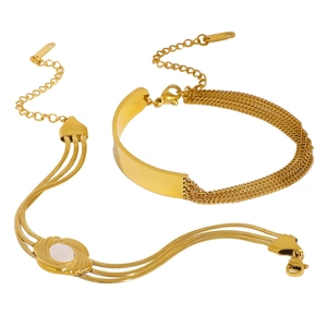 Gold-plated titanium steel bracelet set featuring a white shell inlay on a white background