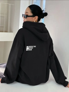 Women Oversized Hooded Sweatshirt Cotton Polyester Blend Letter Print Long Sleeve American Vintage Streetwear Pullover Hoodie