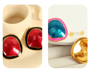 Detailed collage of irregular geometric earrings with gold trim and colorful enamel