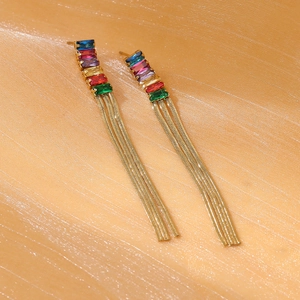 Elegant gold titanium steel earrings with multi-color rhinestones and long tassels