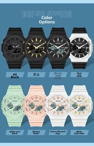 Dual display sports watches in various colors like matte black and cherry pink on blue background