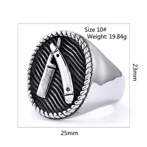 Retro stainless steel punk razor ring for men with vintage engraved braided texture