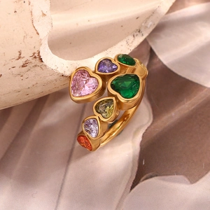 18K gold plated stainless steel open ring with colorful heart shaped zircon stones