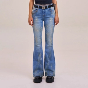 Women Vintage Distressed Flare Jeans Denim Low Waist Streetwear Retro Wash Long Pants