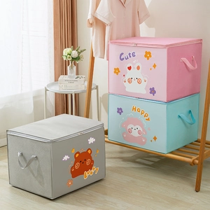 Detail of cartoon printed large storage bags with side handles and zipper closure