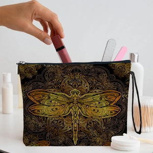 Dragonfly Mandala Print Makeup Bag Fine Linen Cosmetic Pouch With Zipper And Wristlet Strap Travel Toiletry Organizer