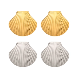 Polished stainless steel shell stud earrings in gold and silver finishes with ridges