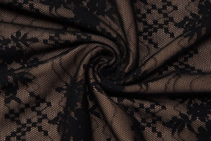 Macro shot of elegant black lace fabric with intricate floral patterns and fine mesh detail
