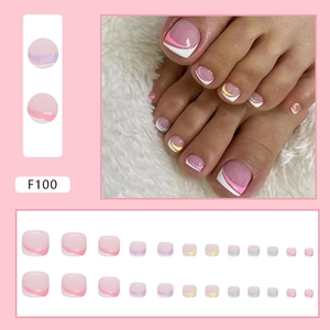 Rainbow wave French press-on toe nails F100 set with pink and white gradient designs