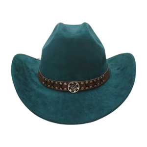 Classic teal western cowboy hat with studded leather band and vintage buckle detail