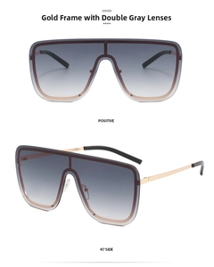 Detail view of gold frame sunglasses with gradient grey lenses from front and side angles