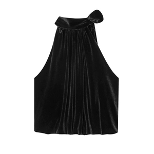 Sexy black velvet halter top with bow detailing and a balloon silhouette on white background