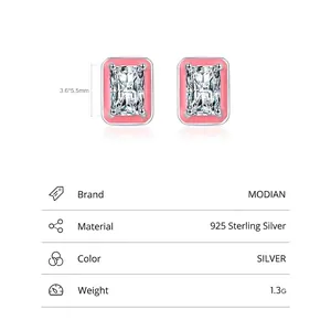 Pink enamel S925 sterling silver stud earrings with rectangular cubic zirconia stones